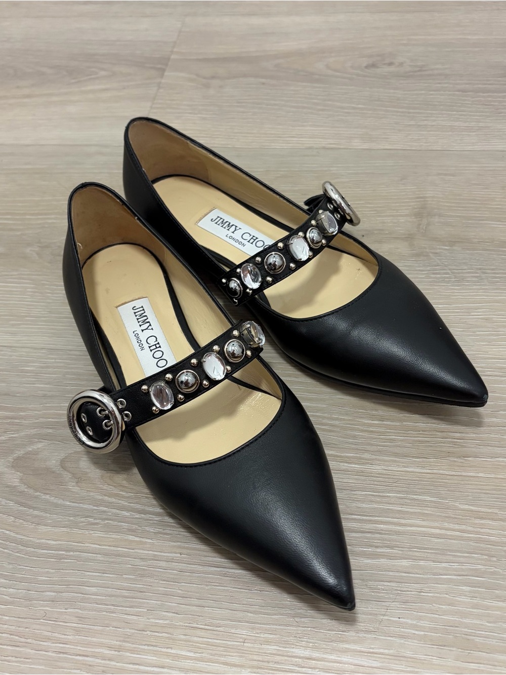 Jimmy Choo Black Pointed Leather Mary Jane Flats with Jeweled Strap